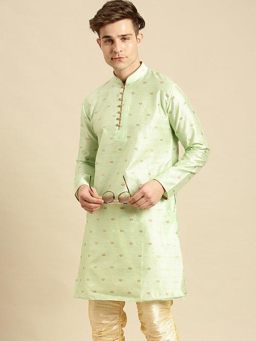 Sanwara Men's Woven Designer Jacquard Light Green Color Kurta