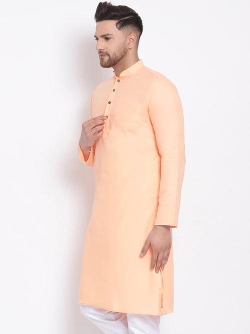 Sanwara Men's Cotton Solid Papaya Colour Straight Kurta