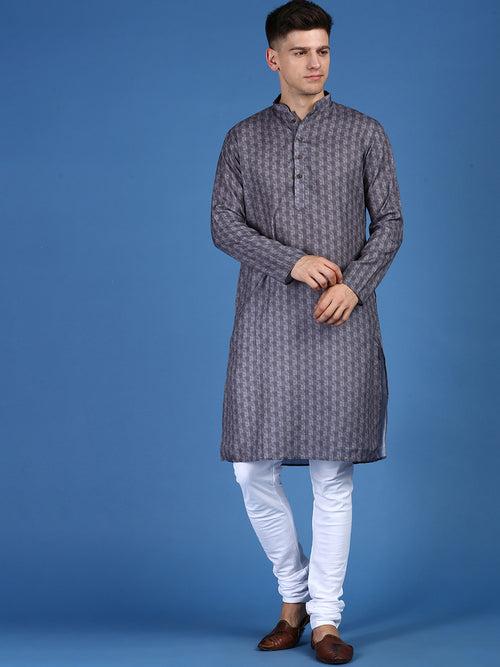 Sanwara Men's Printed Trendy Designer Grey Cotton Kurta With Payjama