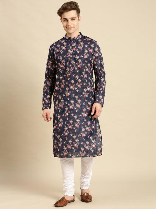 Sanwara Men'S Cotton Floral Printed Navy Blue Color Kurta With Churidar Set