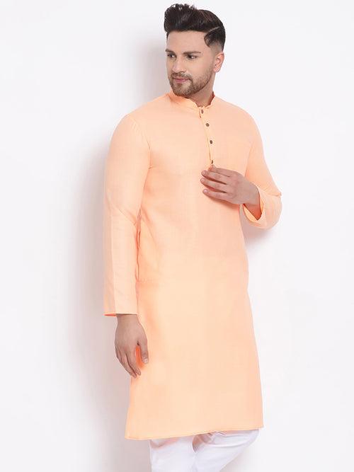 Sanwara Men's Cotton Solid Papaya Colour Straight Kurta