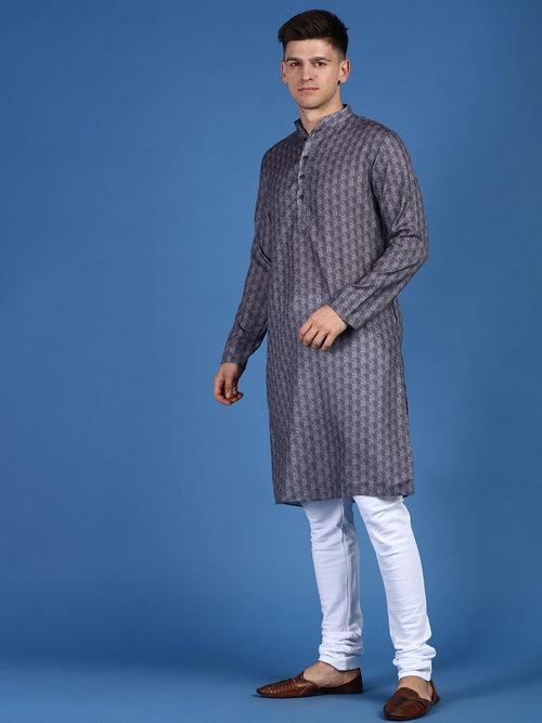 Sanwara Men's Printed Trendy Designer Grey Cotton Kurta With Payjama