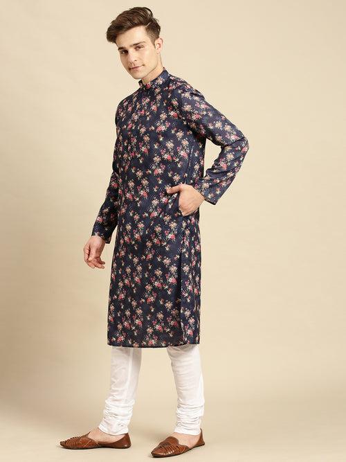 Sanwara Men'S Cotton Floral Printed Navy Blue Color Kurta With Churidar Set