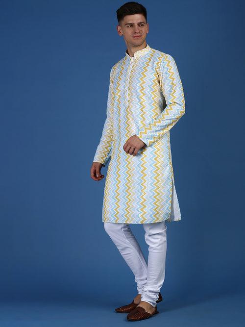 Sanwara Men's Party Wear Sequins Work Chikankari StyleMultiColor Cotton Kurta With Payjama
