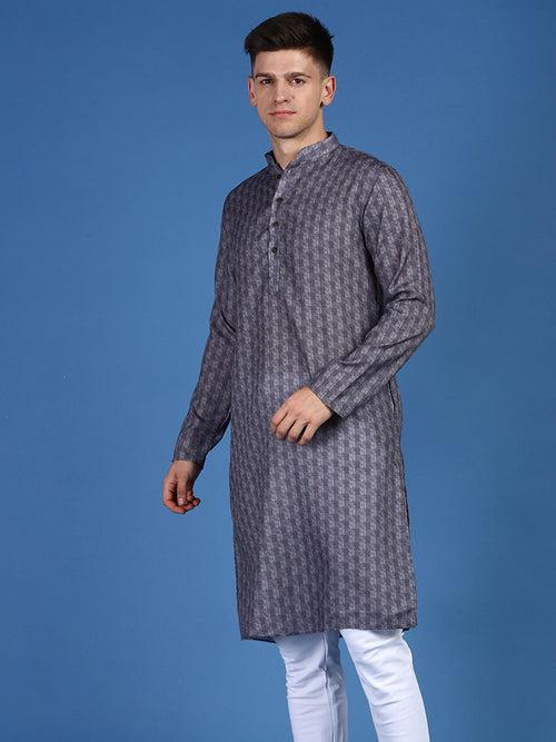 Sanwara Men's Printed Trendy Designer Grey Cotton Kurta