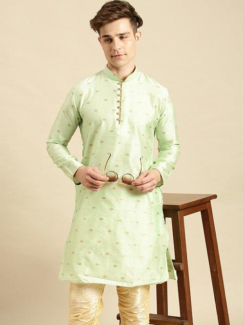 Sanwara Men's Woven Designer Jacquard Light Green Color Kurta