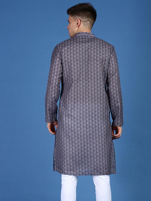 Sanwara Men's Printed Trendy Designer Grey Cotton Kurta