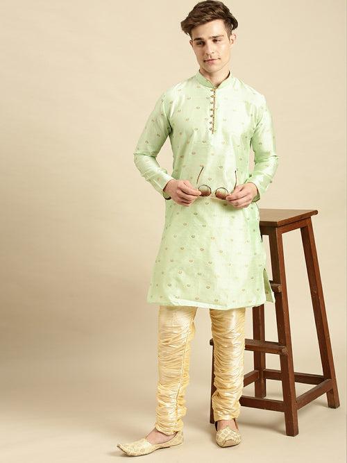 Sanwara Men's Woven Designer Jacquard Light Green Color Kurta
