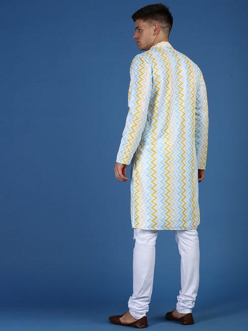 Sanwara Men's Party Wear Sequins Work Chikankari StyleMultiColor Cotton Kurta With Payjama