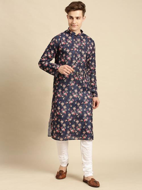 Sanwara Men'S Cotton Floral Printed Navy Blue Color Kurta With Churidar Set
