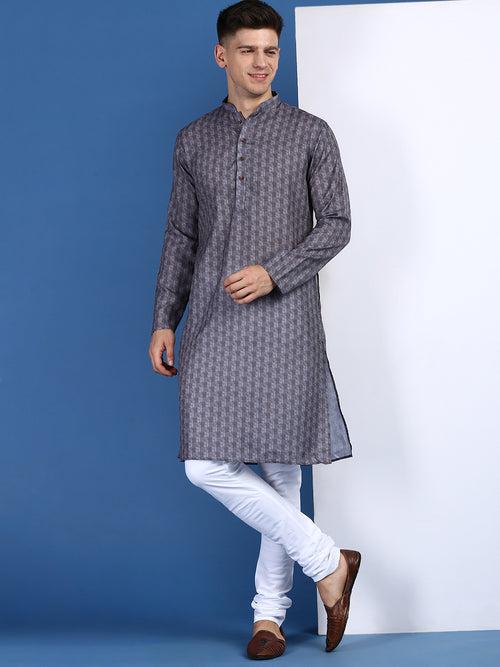 Sanwara Men's Printed Trendy Designer Grey Cotton Kurta
