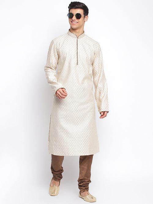 Sanwara Men Light Beige ChikankariPattern Straight Kurta