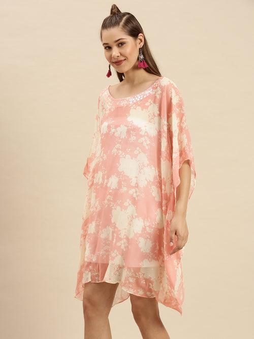 Light Salmon Printed Floral Design Sequins Work Kaftan