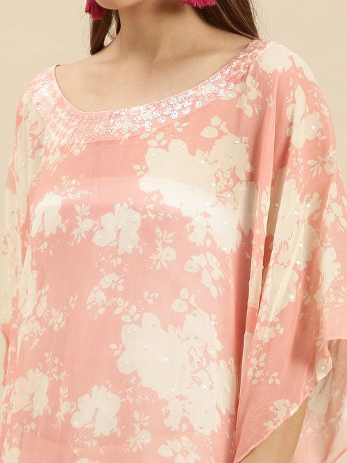 Light Salmon Printed Floral Design Sequins Work Kaftan