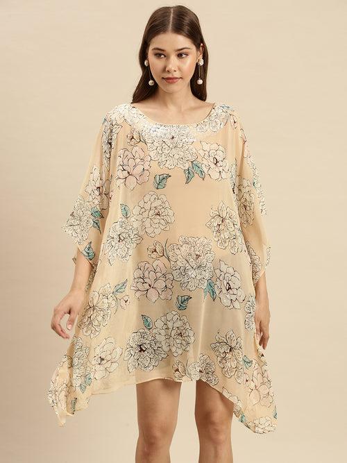 Beige Printed Floral Design Sequins Work Kaftan