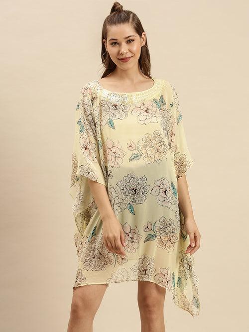 Cream Printed Floral Design Sequins Work Kaftan