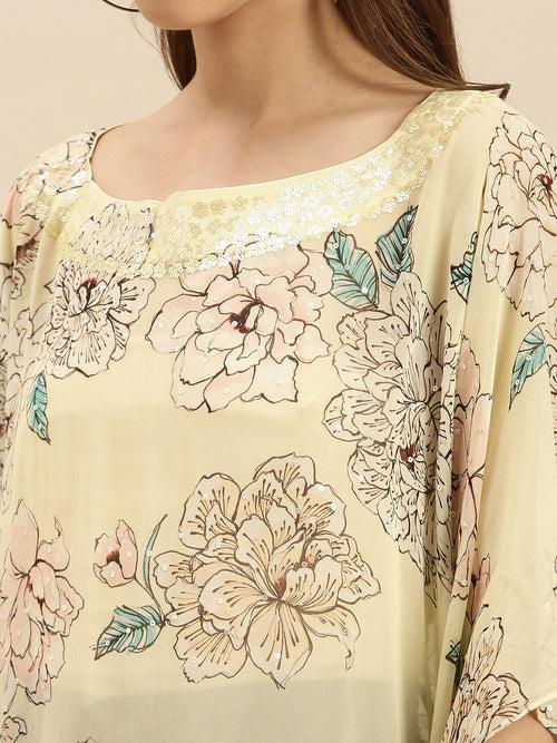 Cream Printed Floral Design Sequins Work Kaftan