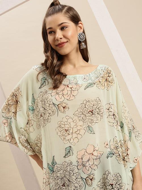 Green Printed Floral Design Sequins Work Kaftan