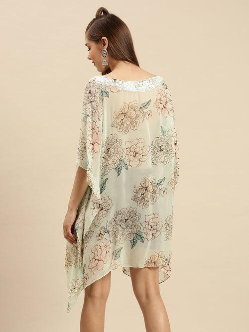 Green Printed Floral Design Sequins Work Kaftan