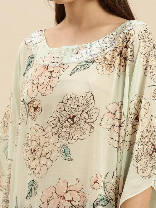 Green Printed Floral Design Sequins Work Kaftan