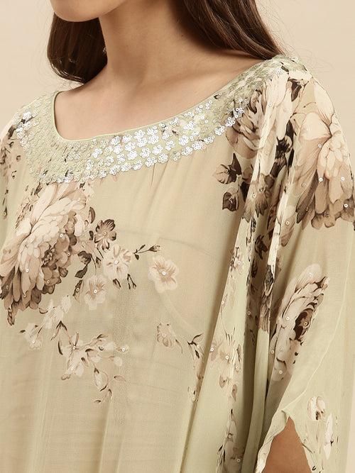 Green Printed Floral Design Sequins Work Kaftan