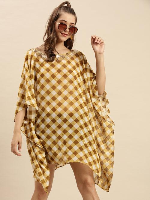 Gold Checked Design Sequins Work Kaftan