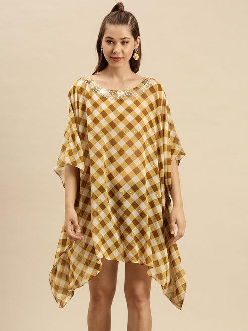 Gold Checked Design Sequins Work Kaftan