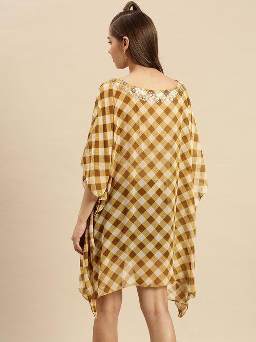 Gold Checked Design Sequins Work Kaftan