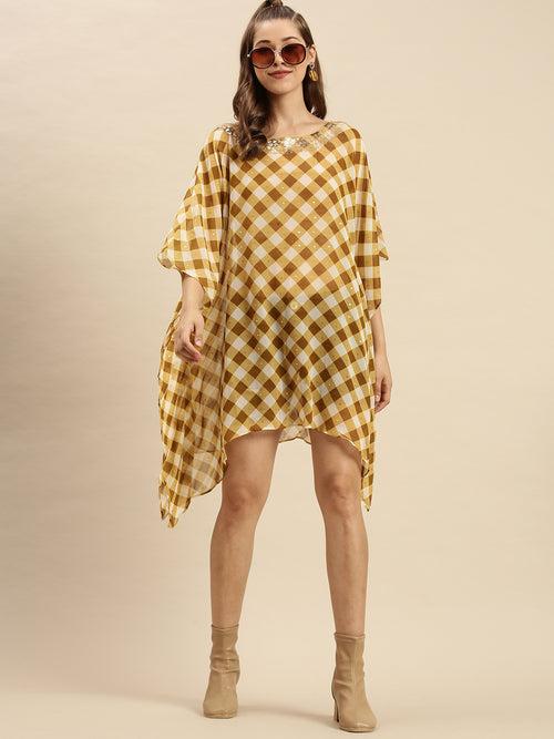 Gold Checked Design Sequins Work Kaftan