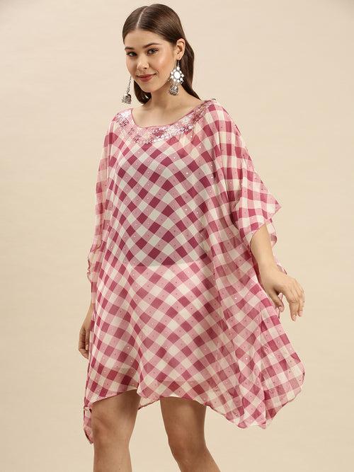 Purple Checked Design Sequins Work Kaftan