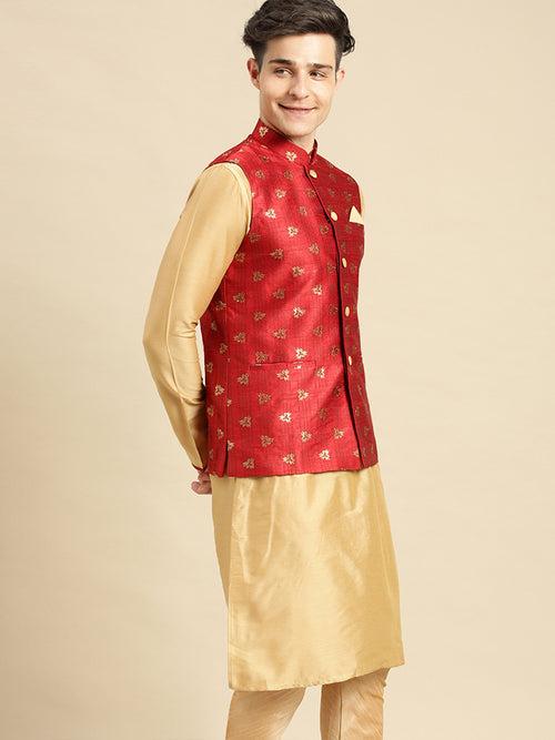 Sanwara Men's Red Printed Art Silk Ethnic Bandi Jacket