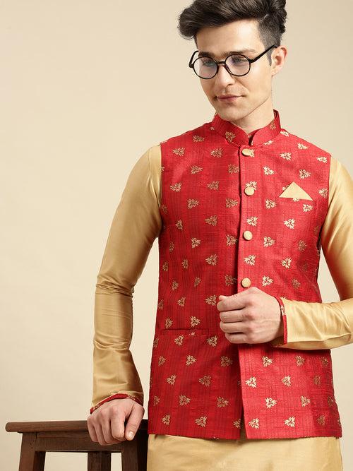 Sanwara Men's Red Printed Art Silk Ethnic Bandi Jacket
