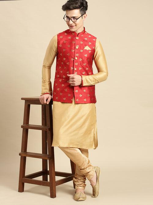 Sanwara Men's Red Printed Art Silk Ethnic Bandi Jacket