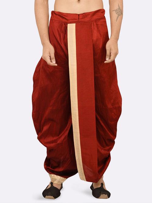 Sanwara Men's Traditional Red Coloured Plain Art Silk Dhoti