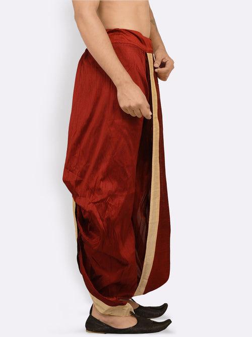 Sanwara Men's Traditional Red Coloured Plain Art Silk Dhoti