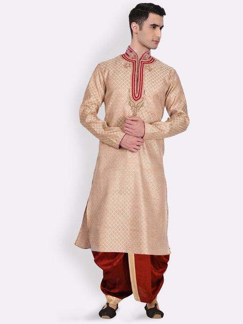 Sanwara Men's Traditional Red Coloured Plain Art Silk Dhoti