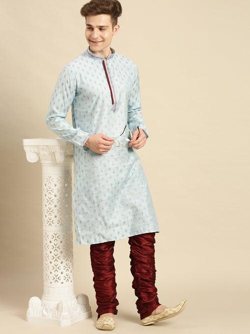 Sanwara Men's Sky Blue Woven Jacquard Ethnic Kurta Set