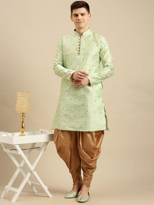 Sanwara Men's Light Green Woven Jacquard Ethnic Kurta Set