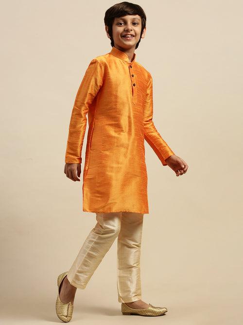 Sanwara Boy's Art Silk Solid Orange Colour Straight Kurta With Pyjama