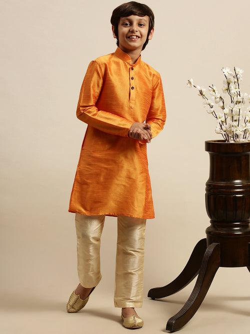 Sanwara Boy's Art Silk Solid Orange Colour Straight Kurta With Pyjama
