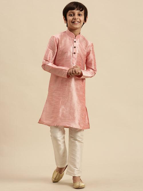 Sanwara Boy's Art Silk Solid Pink Colour Straight Kurta With Pyjama