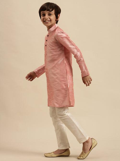 Sanwara Boy's Art Silk Solid Pink Colour Straight Kurta With Pyjama