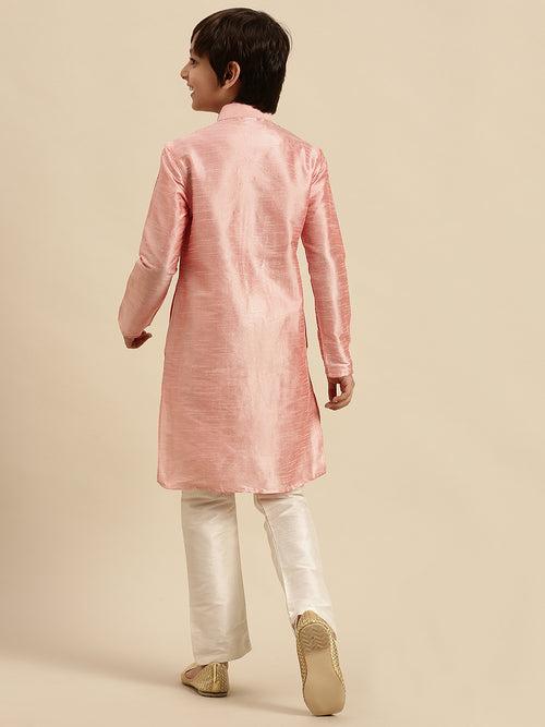 Sanwara Boy's Art Silk Solid Pink Colour Straight Kurta With Pyjama