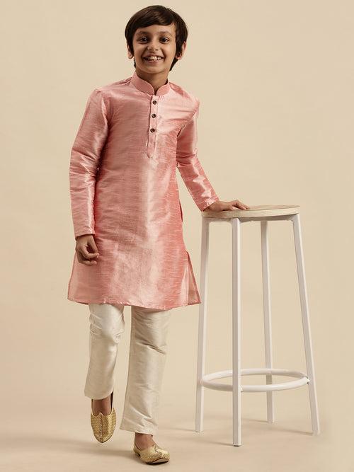 Sanwara Boy's Art Silk Solid Pink Colour Straight Kurta With Pyjama