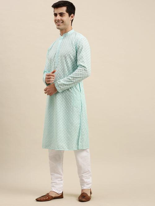 Sanwara Men's Sea Green Chikankari Long Sleeve Cotton Designer Kurta with Pyjama-D2864