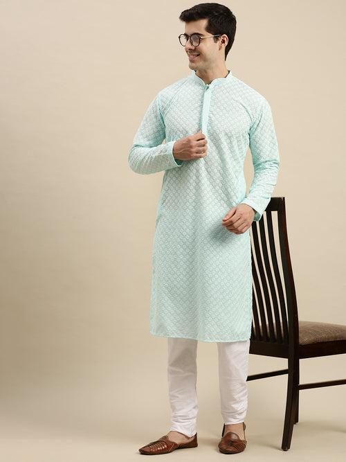 Sanwara Men's Sea Green Chikankari Long Sleeve Cotton Designer Kurta with Pyjama-D2864