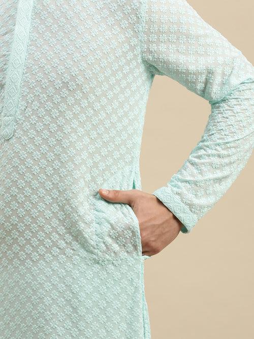 Sanwara Men's Sea Green Chikankari Long Sleeve Cotton Designer Kurta with Pyjama-D2864