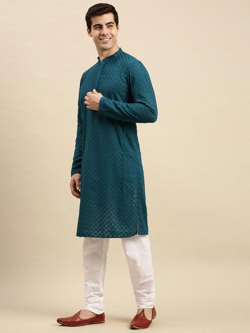 Sanwara Men's Firozi Chikankari Long Sleeve Cotton Designer Kurta with Pyjama-D2864