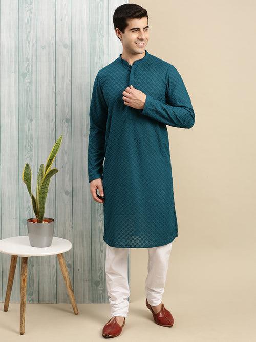 Sanwara Men's Firozi Chikankari Long Sleeve Cotton Designer Kurta with Pyjama-D2864