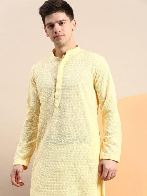 Sanwara Men's Light Yellow Thread Work Chikankari Indian Style Cotton Kurta with Payjama-D2866